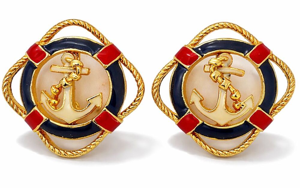 Gold Anchor Earrings Nautical Red Blue Enamel Rope Signed Fifth Avenue Vintage